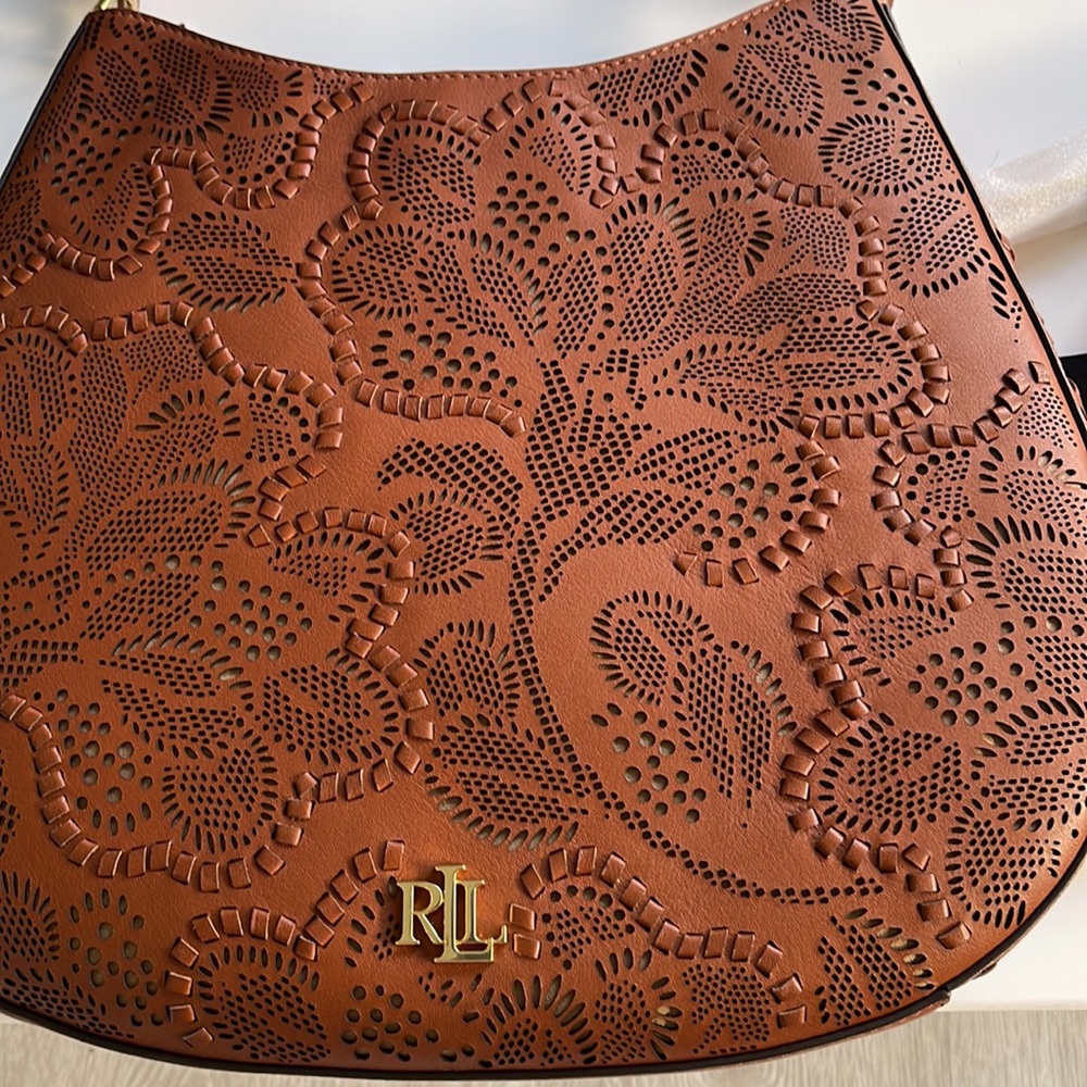 New Ralph Lauren Brown Leather Floral Hobo Shoulder Crossbody Bag Tote. $650. - Picture 2 of 8